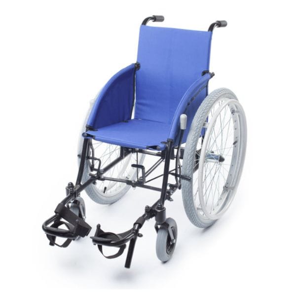 Urban wheelchair with blue fabric seat and back with food rests on a white background