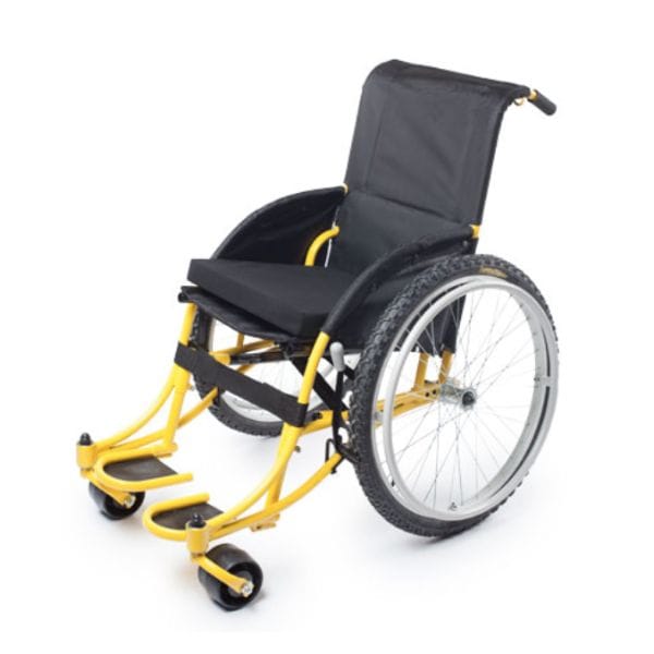 Rough Rider wheelchair with black fabric and yellow metal on a white background